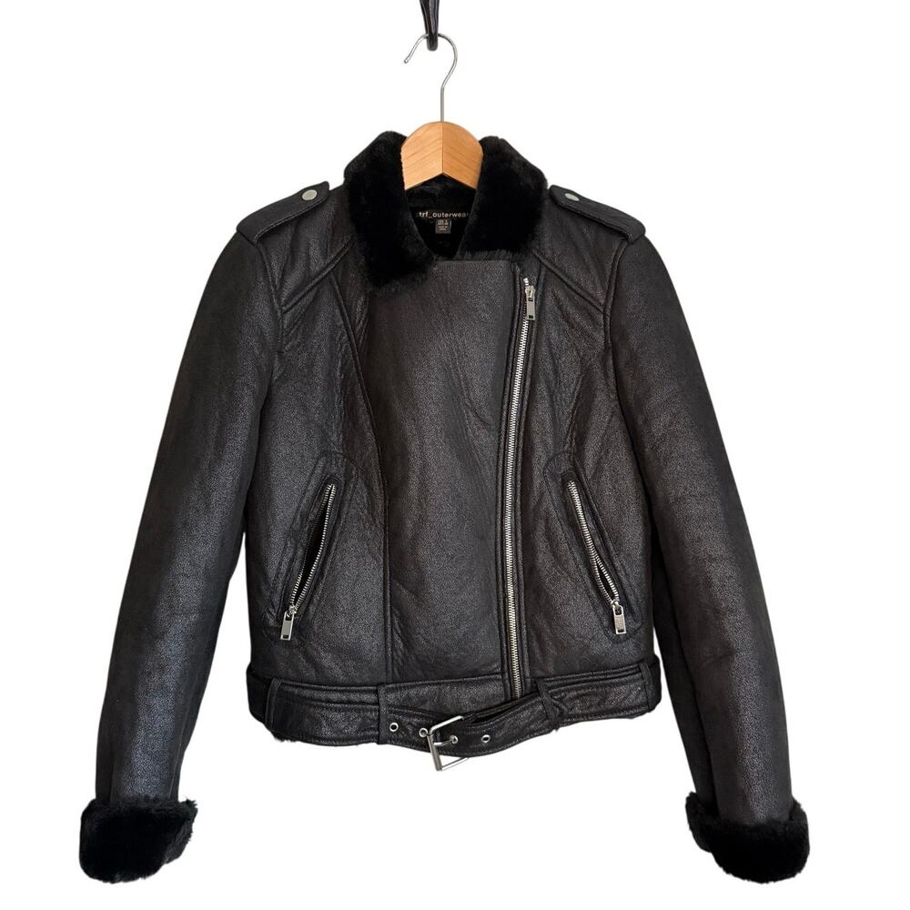 Women’s Faux Suede Biker Jacket Small Black Moto Fur Lined Zip Belted
